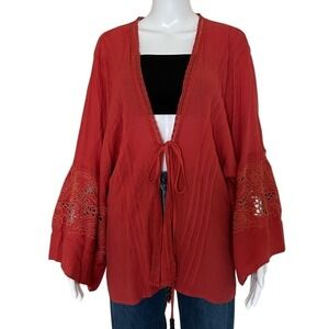 Miss Me Orange Crochet Front Tie Bell Sleeve Relaxed Fit Bohemian Kimono S/M